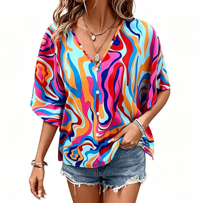 Women's V-Neck Printed Short-Sleeve Blouse