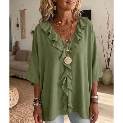 Women's V-Neck Ruffle Trim Blouse