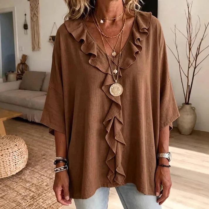Women's V-Neck Ruffle Trim Blouse
