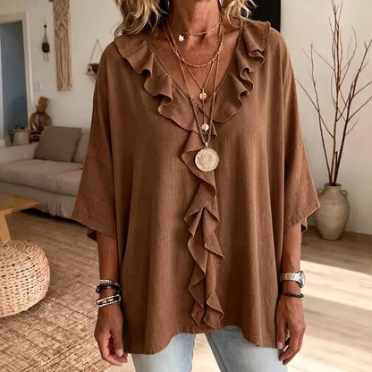 Women's V-Neck Ruffle Trim Blouse