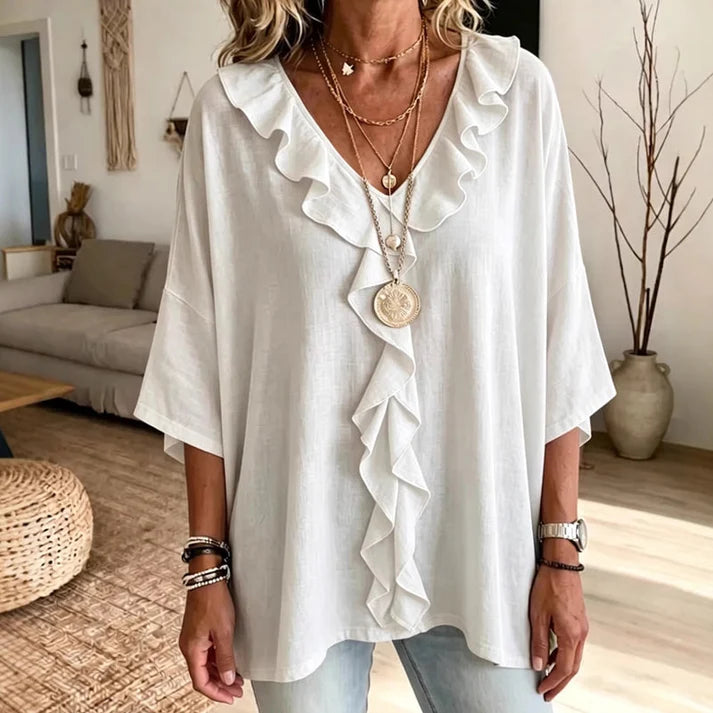 Women's V-Neck Ruffle Trim Blouse