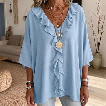 Women's V-Neck Ruffle Trim Blouse