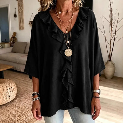 Women's V-Neck Ruffle Trim Blouse
