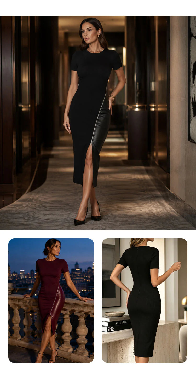 Women's Short-Sleeve Dress with Faux-Leather Panel
