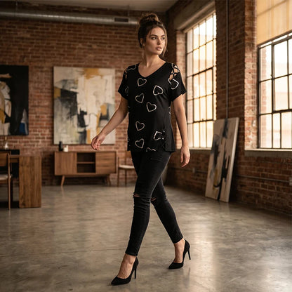 Women's Heart Print V-Neck Top