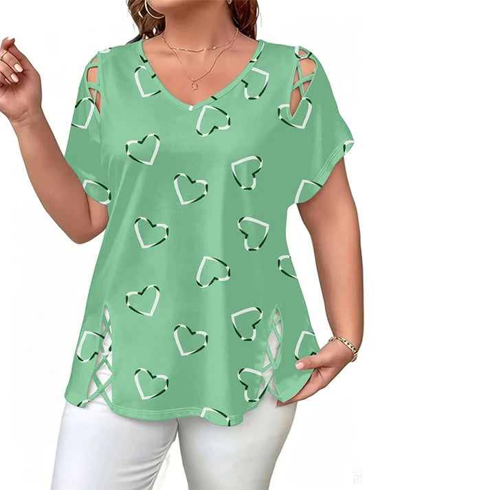 Women's Heart Print V-Neck Top