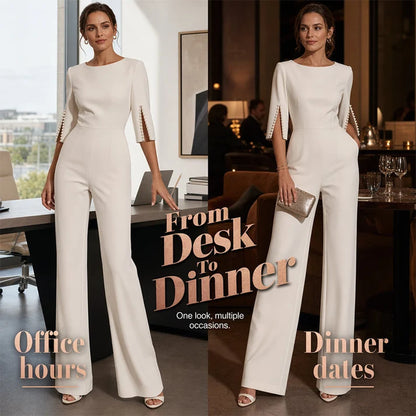 Women's Short-Sleeve Jumpsuit with Pearl Detail