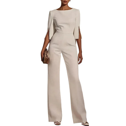 Women's Short-Sleeve Jumpsuit with Pearl Detail