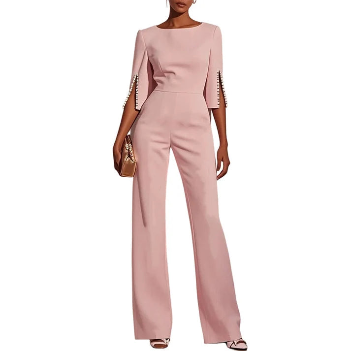 Women's Short-Sleeve Jumpsuit with Pearl Detail