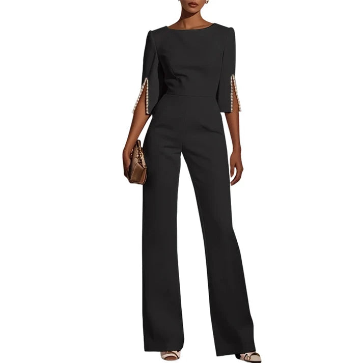 Women's Short-Sleeve Jumpsuit with Pearl Detail