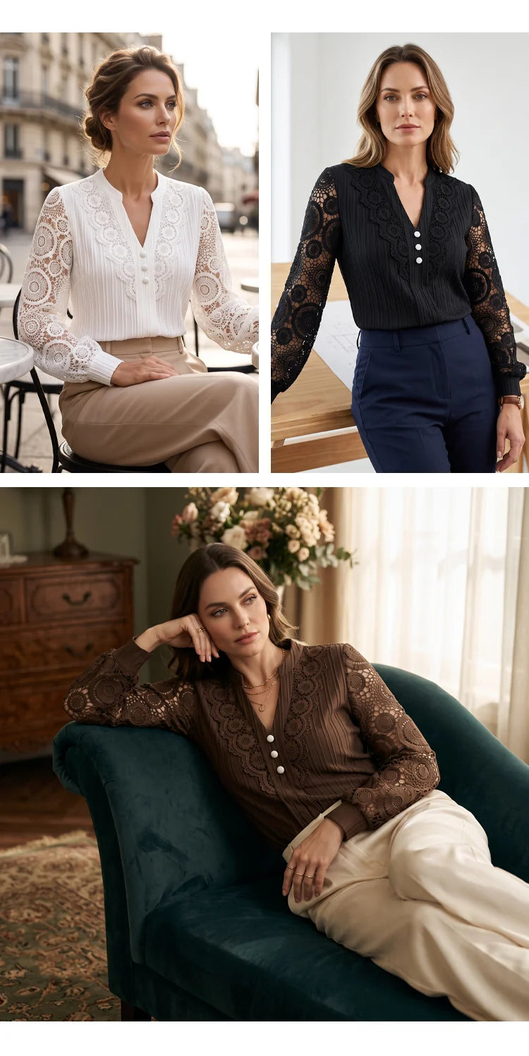 Women's V-Neck Long-Sleeve Top with Lace Trim