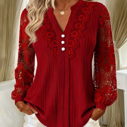 Women's V-Neck Long-Sleeve Top with Lace Trim