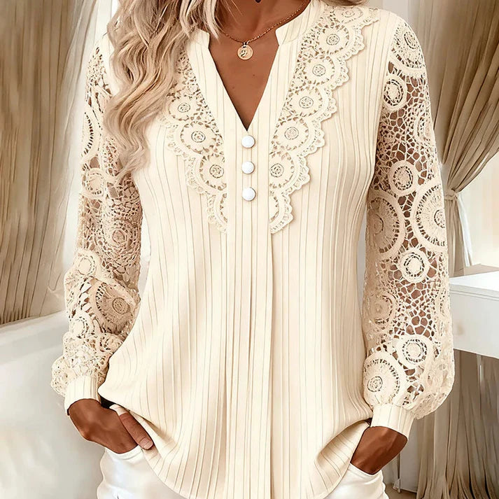 Women's V-Neck Long-Sleeve Top with Lace Trim