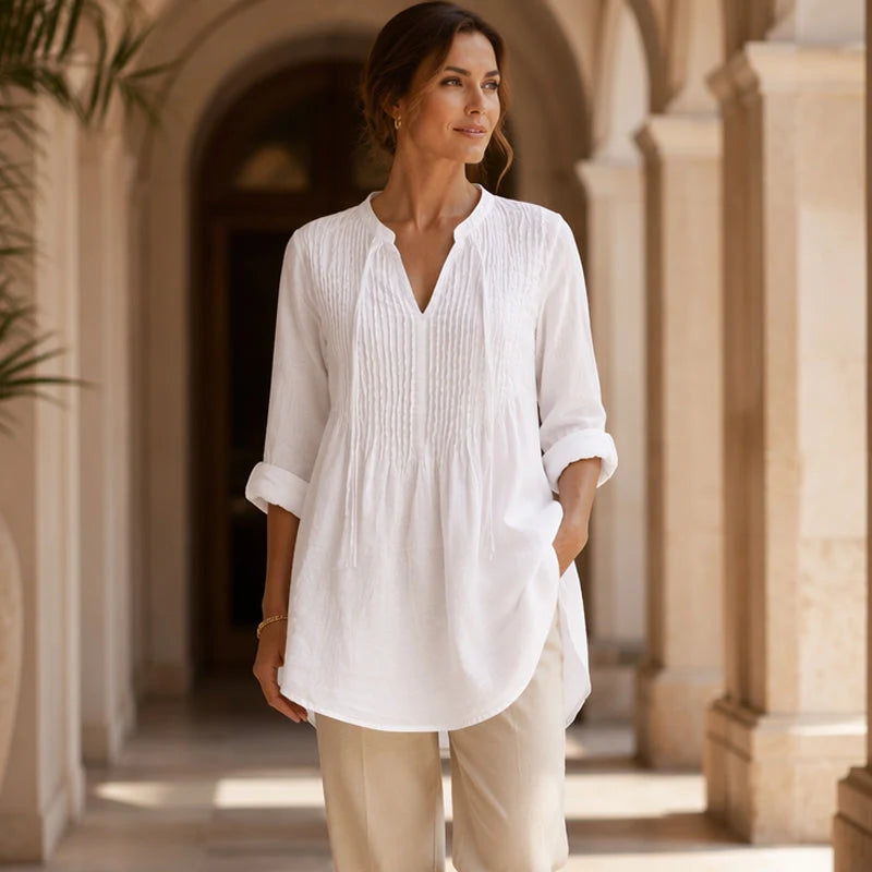 Women's Pleated V-Neck Casual Blouse