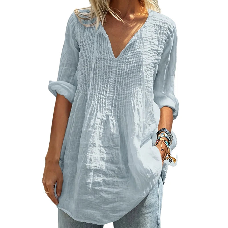 Women's Pleated V-Neck Casual Blouse
