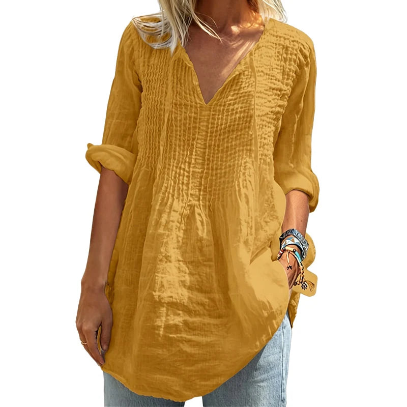 Women's Pleated V-Neck Casual Blouse