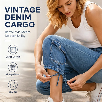 Women's Vintage Cargo Capri Jeans with Drawstring Hem