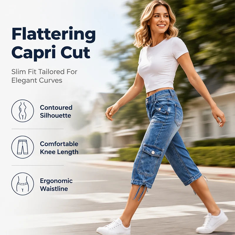 Women's Vintage Cargo Capri Jeans with Drawstring Hem