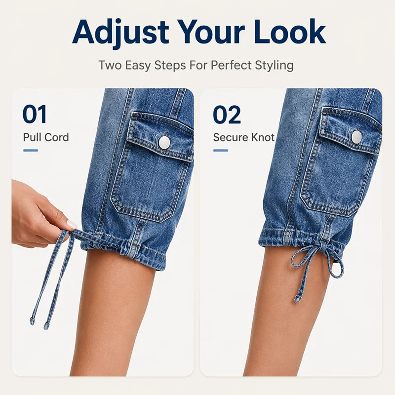 Women's Vintage Cargo Capri Jeans with Drawstring Hem