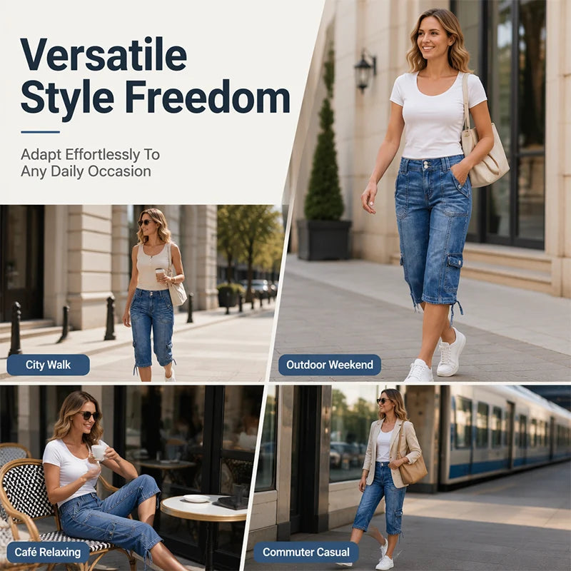 Women's Vintage Cargo Capri Jeans with Drawstring Hem