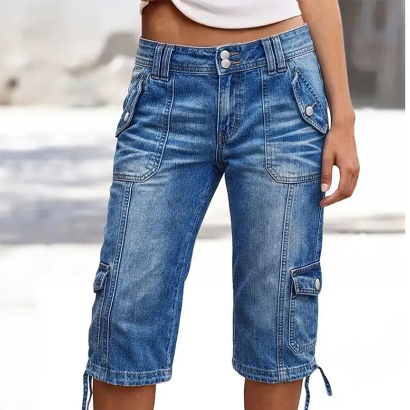 Women's Vintage Cargo Capri Jeans with Drawstring Hem