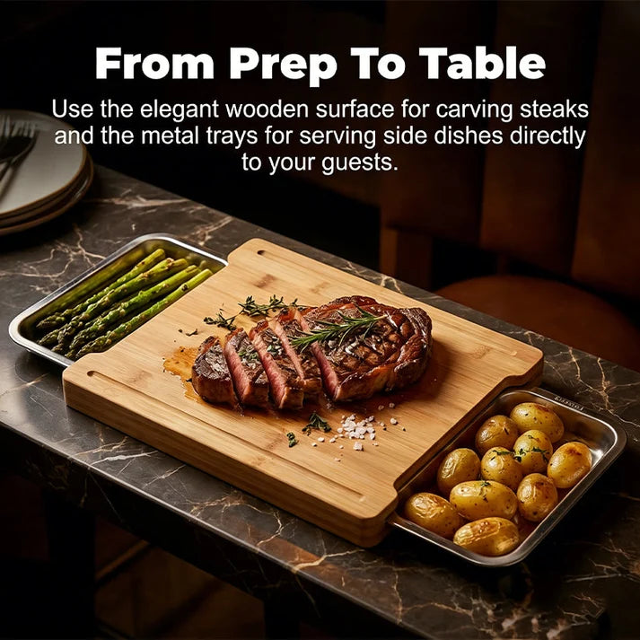 Wooden Cutting Board with Slide-Out Trays