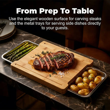 Wooden Cutting Board with Slide-Out Trays
