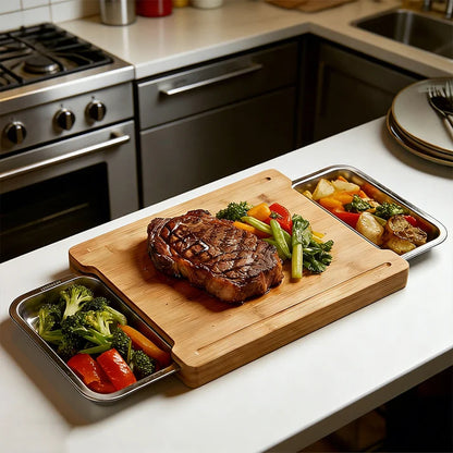 Wooden Cutting Board with Slide-Out Trays