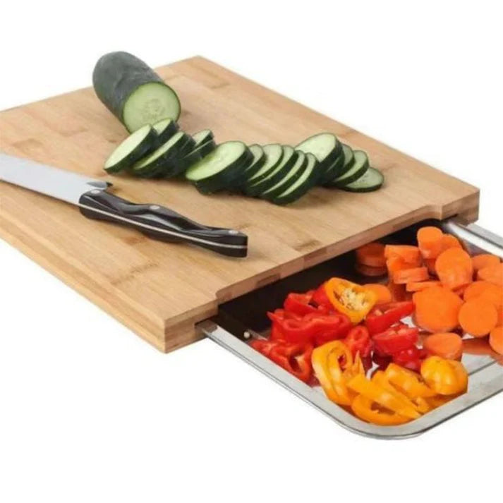 Wooden Cutting Board with Slide-Out Trays