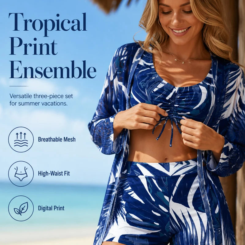 Women's Tropical Print Three-Piece Swimwear Set