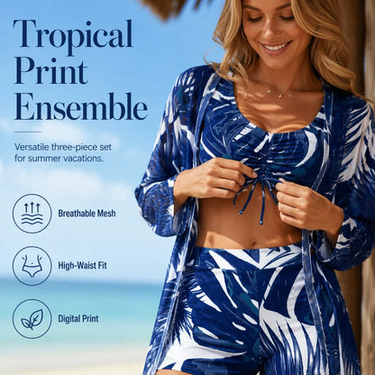 Women's Tropical Print Three-Piece Swimwear Set