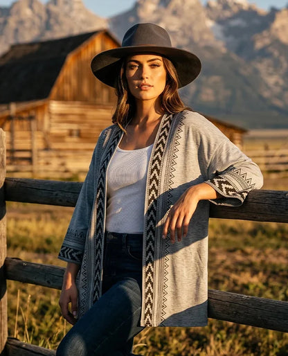 Women’s Geometric Print Open-Front Cardigan