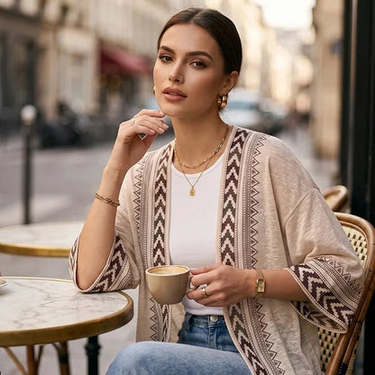 Women’s Geometric Print Open-Front Cardigan
