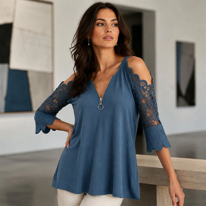 Women's Lace-Detail Zip Front Top