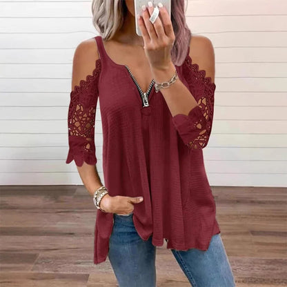 Women's Lace-Detail Zip Front Top
