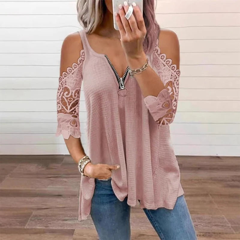 Women's Lace-Detail Zip Front Top