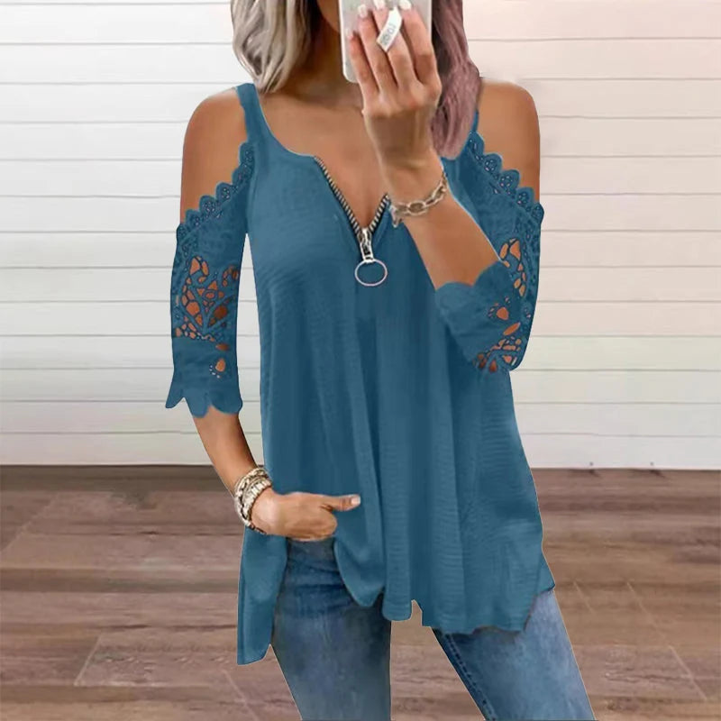 Women's Lace-Detail Zip Front Top