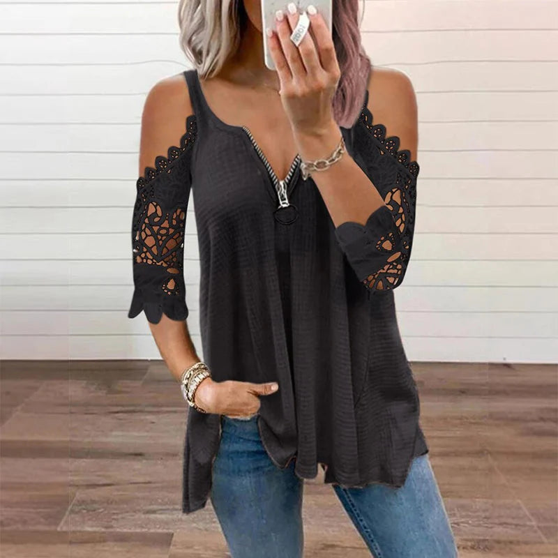 Women's Lace-Detail Zip Front Top