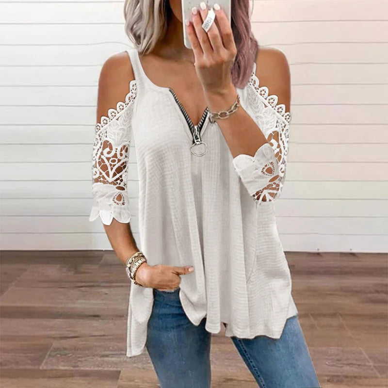 Women's Lace-Detail Zip Front Top
