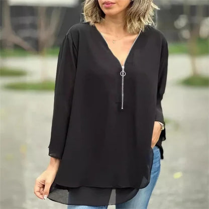 Women’s Layered V-Neck Zip-Front Top