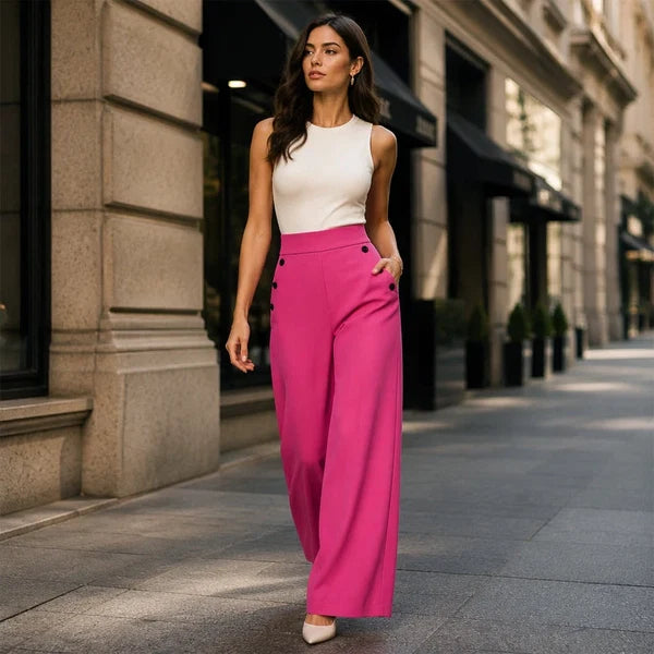 Women’s High-Waisted Wide-Leg Pants with Side Buttons