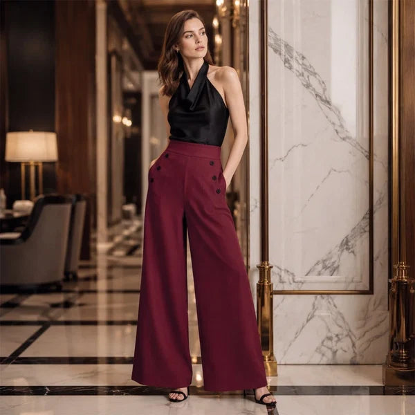 Women’s High-Waisted Wide-Leg Pants with Side Buttons