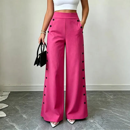 Women’s High-Waisted Wide-Leg Pants with Side Buttons