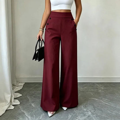 Women’s High-Waisted Wide-Leg Pants with Side Buttons