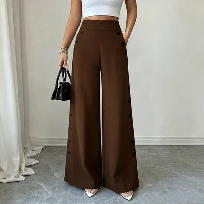 Women’s High-Waisted Wide-Leg Pants with Side Buttons