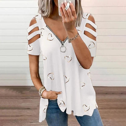 Women’s Cold-Shoulder Heart Print Top