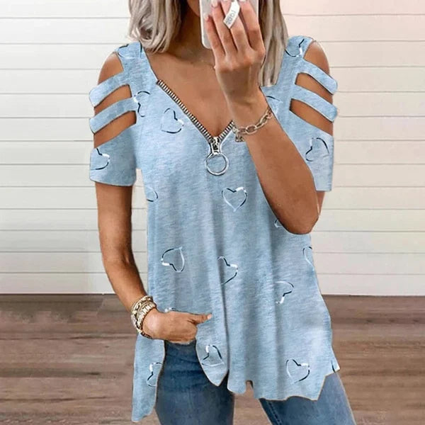 Women’s Cold-Shoulder Heart Print Top