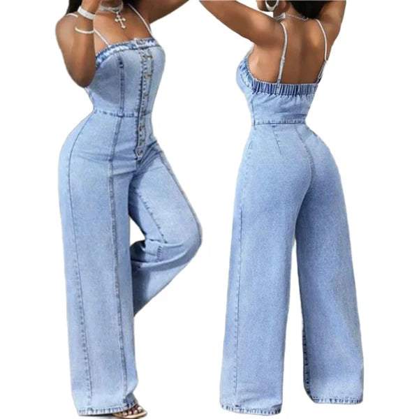 Women’s Wide Leg Denim Look Jumpsuit