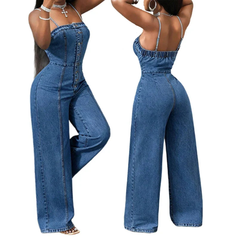 Women’s Wide Leg Denim Look Jumpsuit