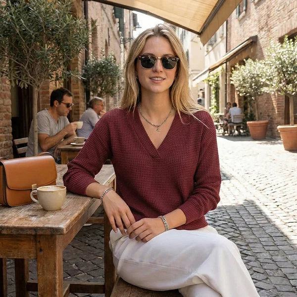 Women’s Casual Long-Sleeve V-Neck Waffle-Knit Top